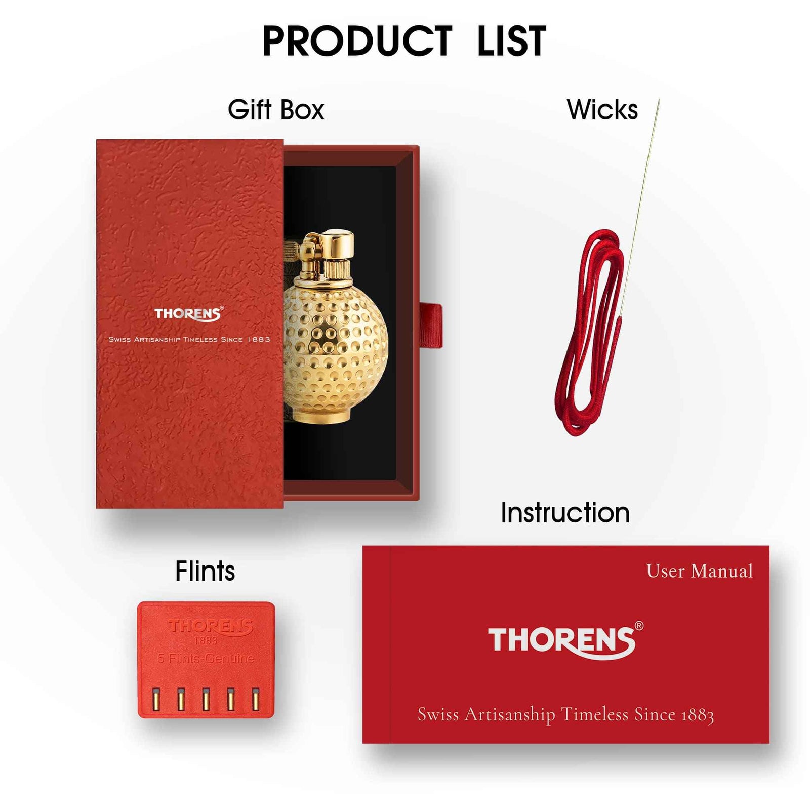 Thorens Dimpled Ace lighter set featuring a golf ball-inspired brass fluid lighter, replacement wicks, flints, and a user manual.