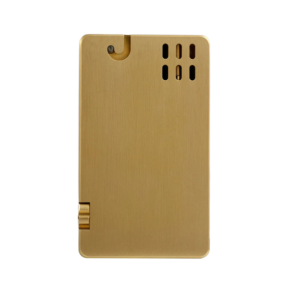 A rectangular ASPREY lighter featuring a glossy brushed brass finish, vertical ventilation slots, and a side-mounted ignition wheel.
