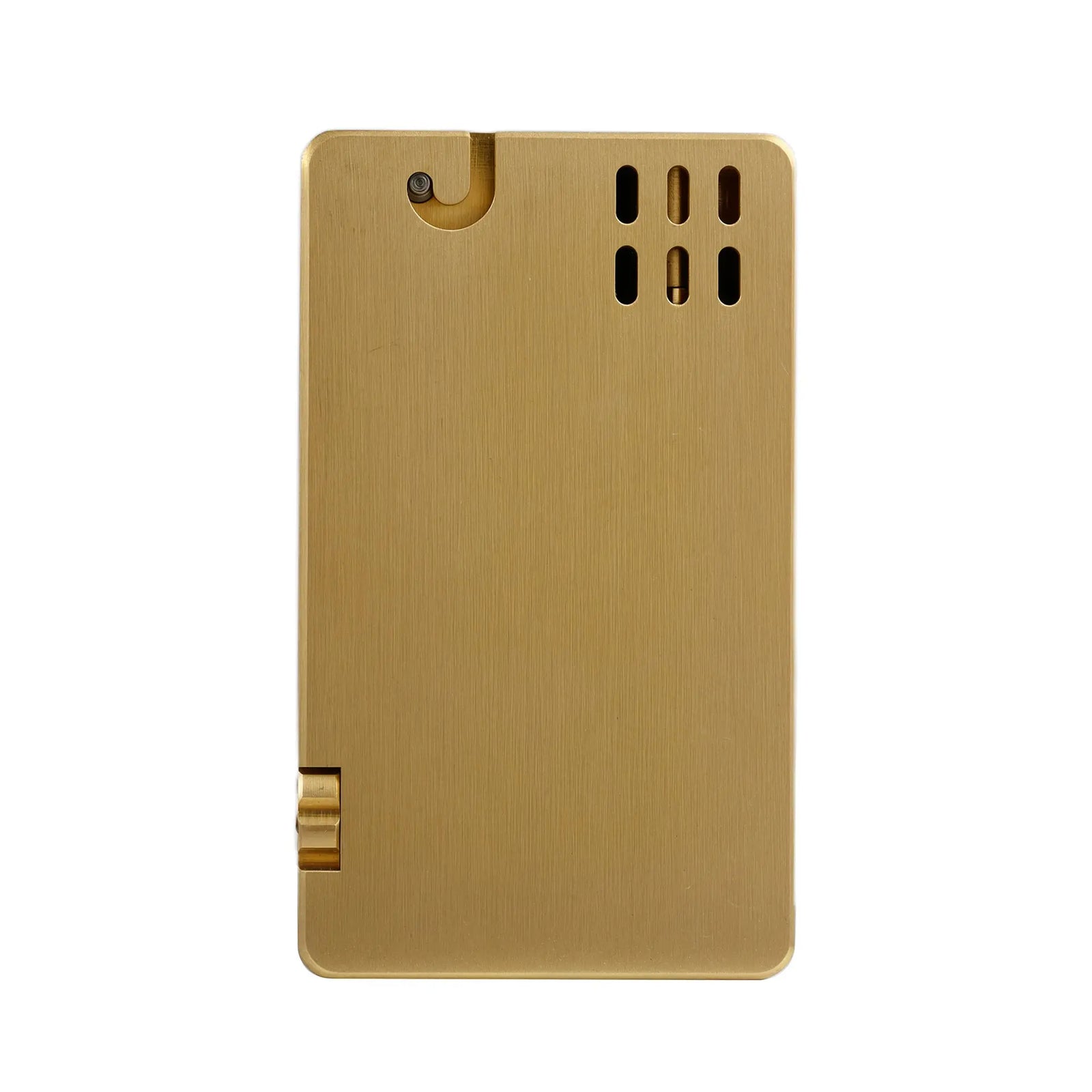 A rectangular ASPREY lighter featuring a glossy brushed brass finish, vertical ventilation slots, and a side-mounted ignition wheel.