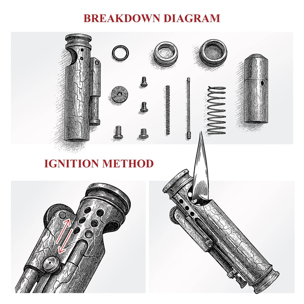 A technical illustration showcasing the internal component breakdown and the sliding sleeve ignition method of the Battle Soul Trench Lighter.
