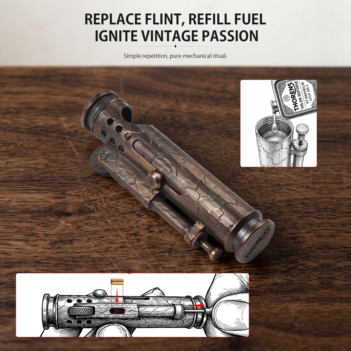 A technical illustration showcasing the internal component breakdown and the sliding sleeve ignition method of the Battle Soul Trench Lighter.