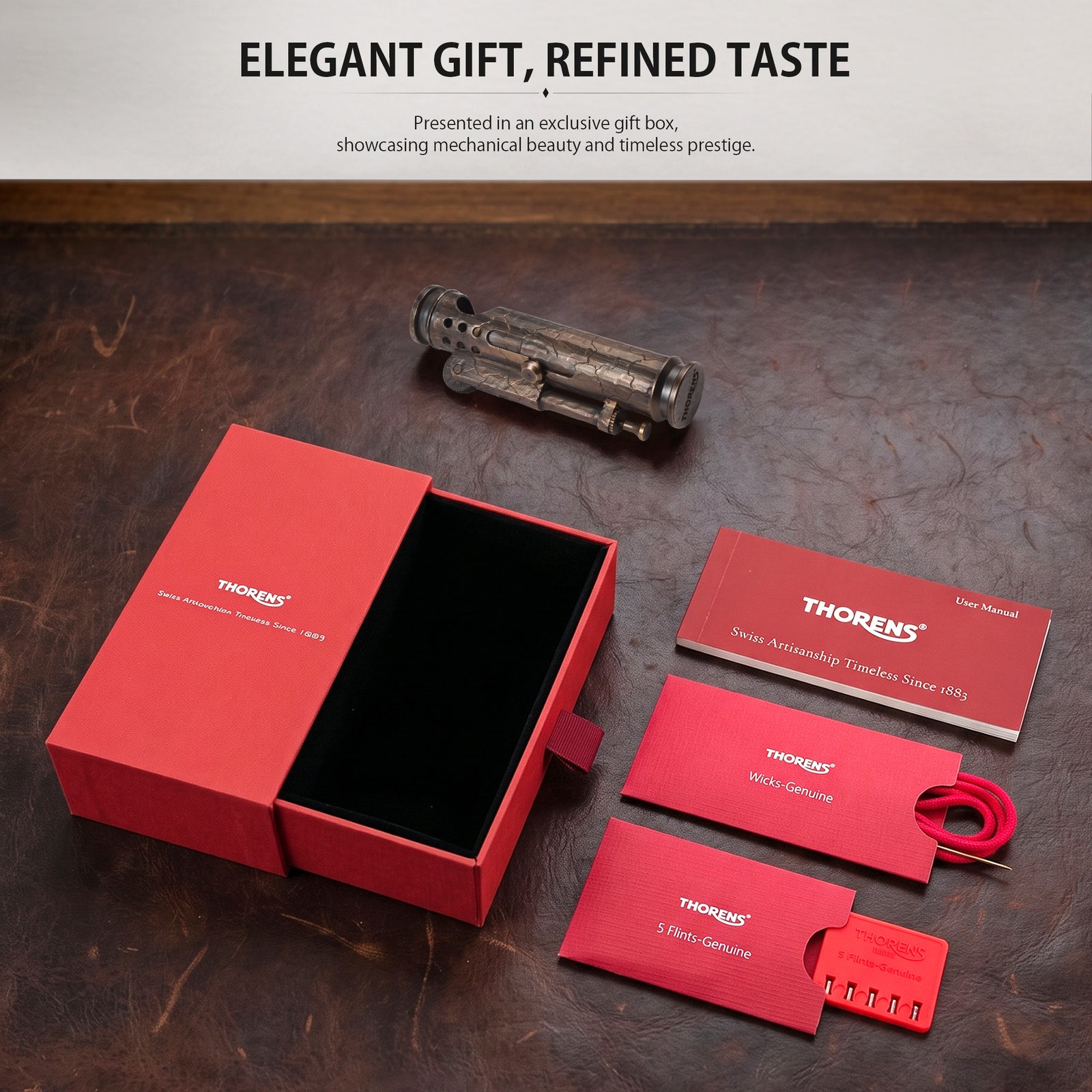 The Battle Soul Trench Lighter with hand-carved cracks presented in a red Thorens gift box with wicks, flints, and a user manual.