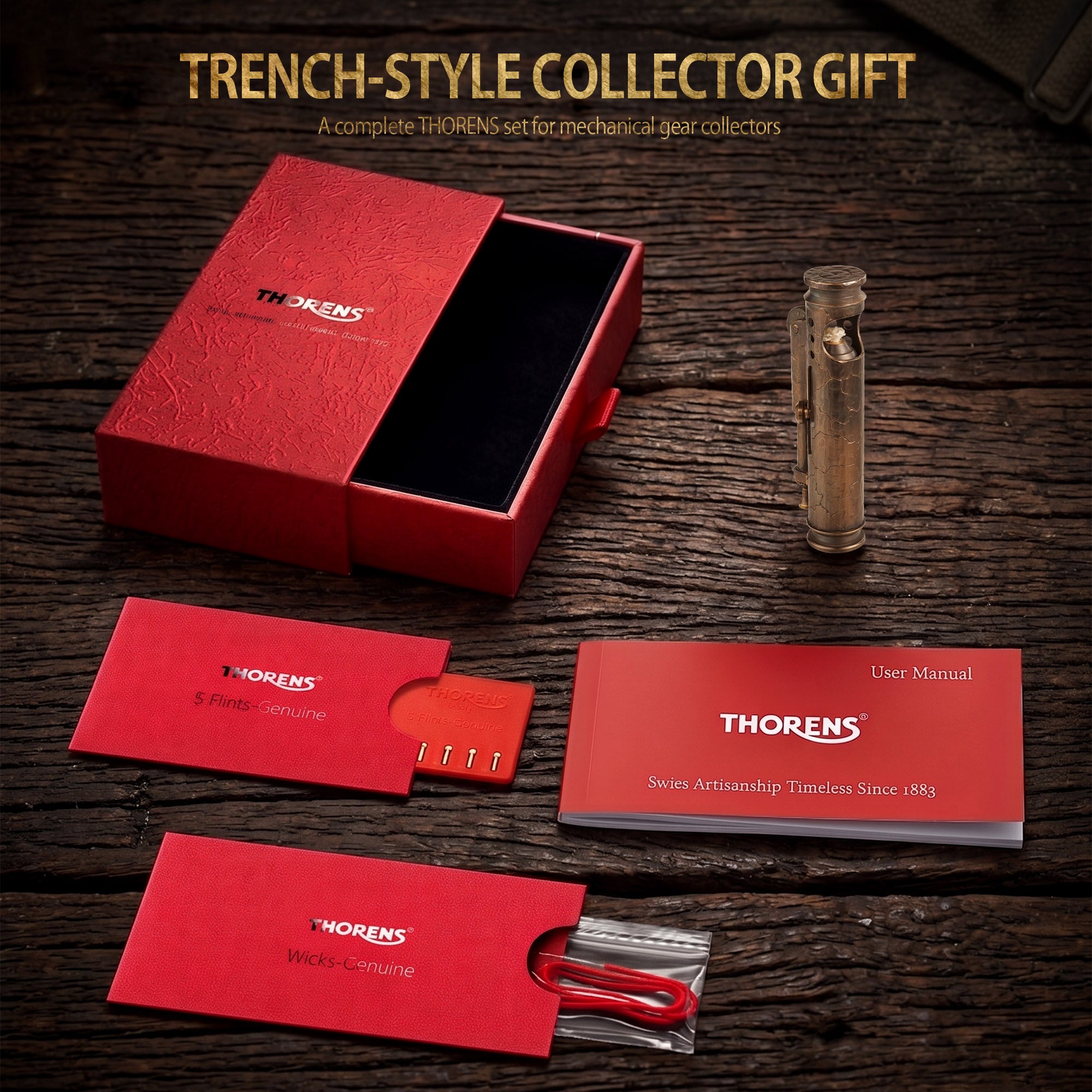The Battle Soul Trench Lighter with hand-carved cracks presented in a red Thorens gift box with wicks, flints, and a user manual.