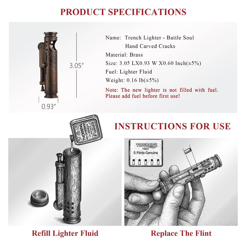 Technical specifications for the brass Battle Soul Trench Lighter with Hand Carved Cracks, including dimensions and diagrams for refilling fuel and flint replacement.