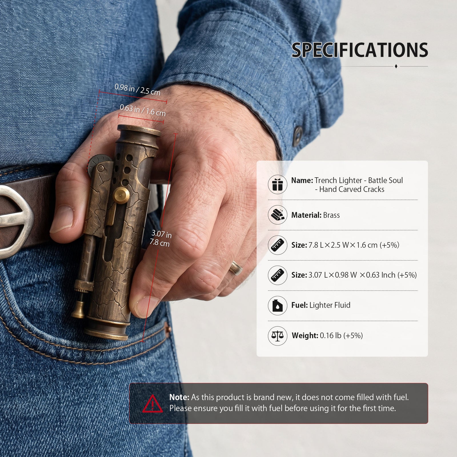 Technical specifications for the brass Battle Soul Trench Lighter with Hand Carved Cracks, including dimensions and diagrams for refilling fuel and flint replacement.