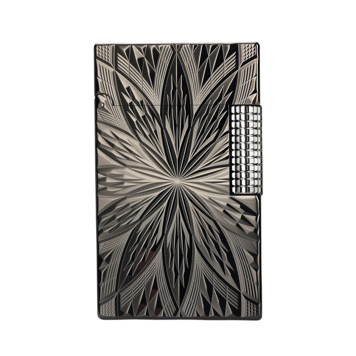 A gunmetal black Blooming Radiance lighter featuring a precision-etched sunburst floral pattern and a diamond-textured roller on a dark chrome finish.