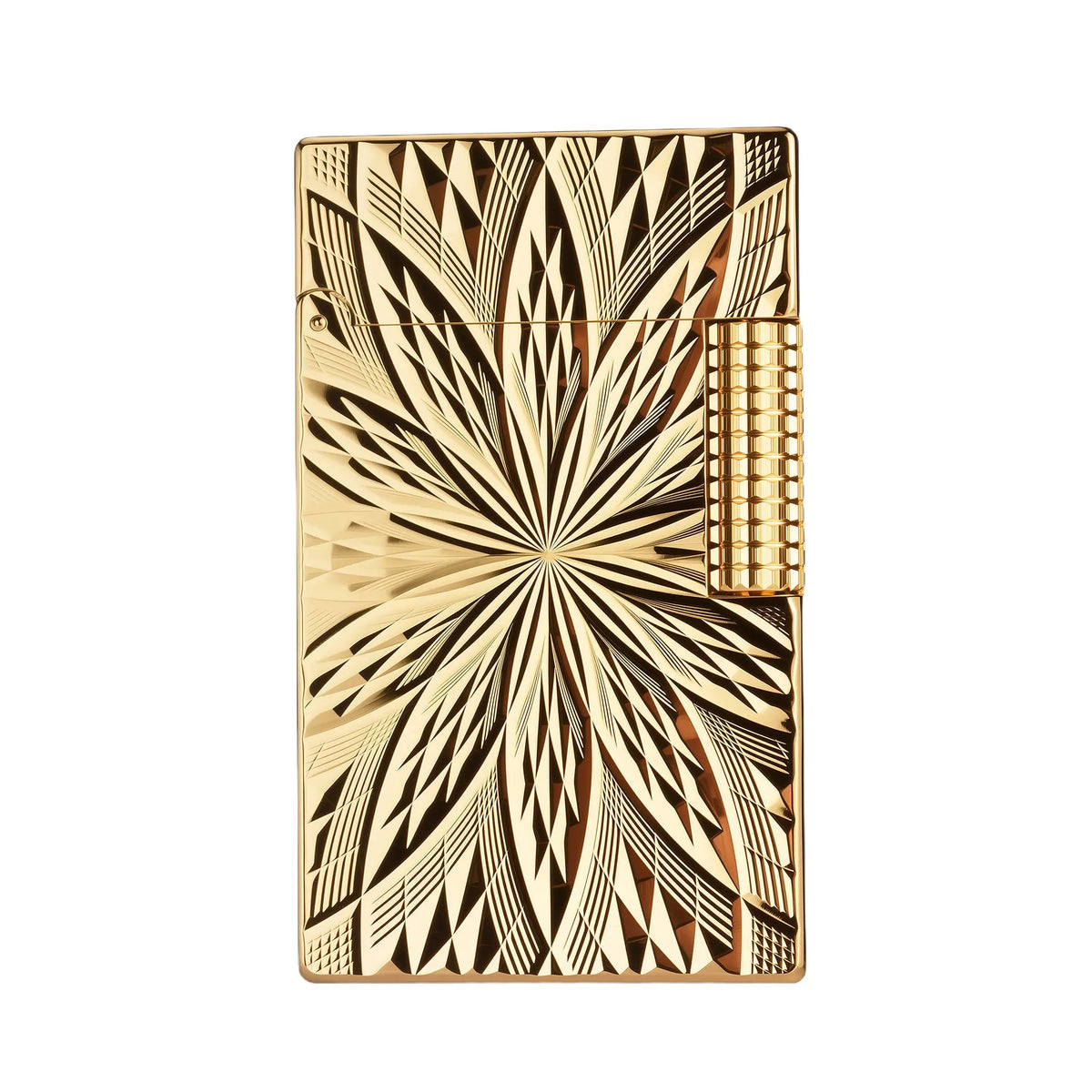 A gold Blooming Radiance lighter showcasing a complex, deep-engraved sunburst floral pattern and a textured ignition roller on a polished brass surface.