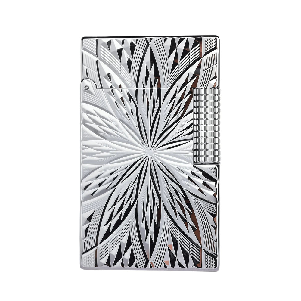 A silver Blooming Radiance lighter featuring a precision-etched geometric sunburst pattern and a diamond-textured roller on a polished chrome finish.