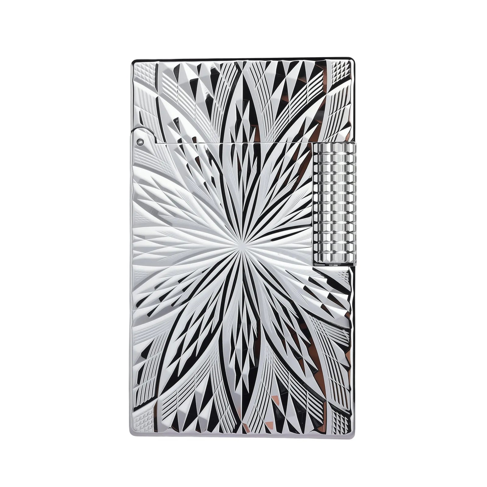 A silver Blooming Radiance lighter featuring a precision-etched geometric sunburst pattern and a diamond-textured roller on a polished chrome finish.