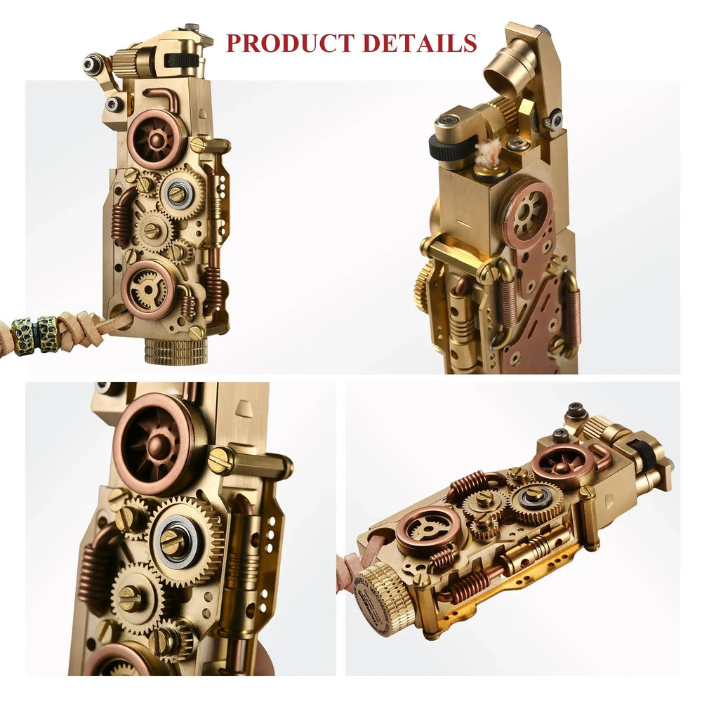Product detail collage of the Thorens steampunk mechanical grip lighter in brass finish, showing the upright body, open ignition head, exposed fine gear assembly, and angled mechanical side profile