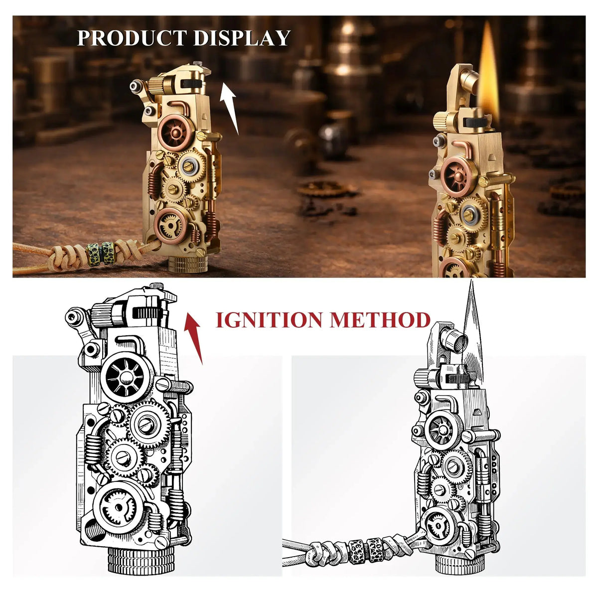 Product display and ignition guide for the Thorens steampunk mechanical grip lighter in brass finish, showing the closed form, the lighter lit in use, and illustrated views of the opening and ignition method