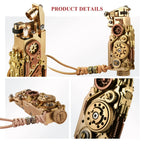 Product detail collage of the Thorens steampunk mechanical grip grand gear lighter in brass finish, showing the open ignition head, upright body, horizontal mechanical profile, and close-up of the oversized exposed gear assembly