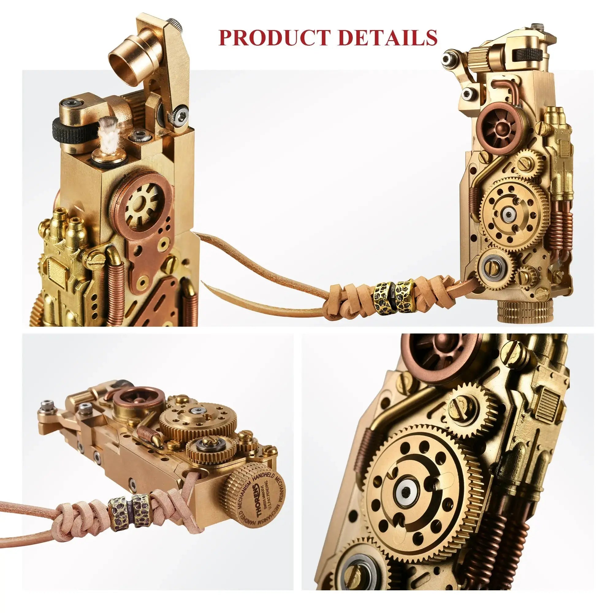 Product detail collage of the Thorens steampunk mechanical grip grand gear lighter in brass finish, showing the open ignition head, upright body, horizontal mechanical profile, and close-up of the oversized exposed gear assembly