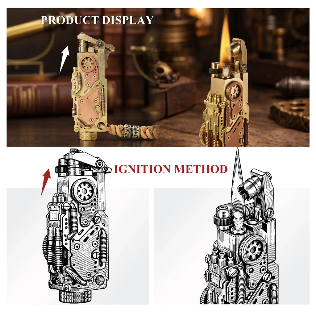 Product display and ignition guide for the Thorens steampunk mechanical grip grand gear lighter in brass finish, showing the closed form, the lighter lit in use, and illustrated views of the opening and ignition method