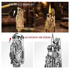 Product display and ignition guide for the Thorens steampunk mechanical grip grand gear lighter in brass finish, showing the closed form, the lighter lit in use, and illustrated views of the opening and ignition method