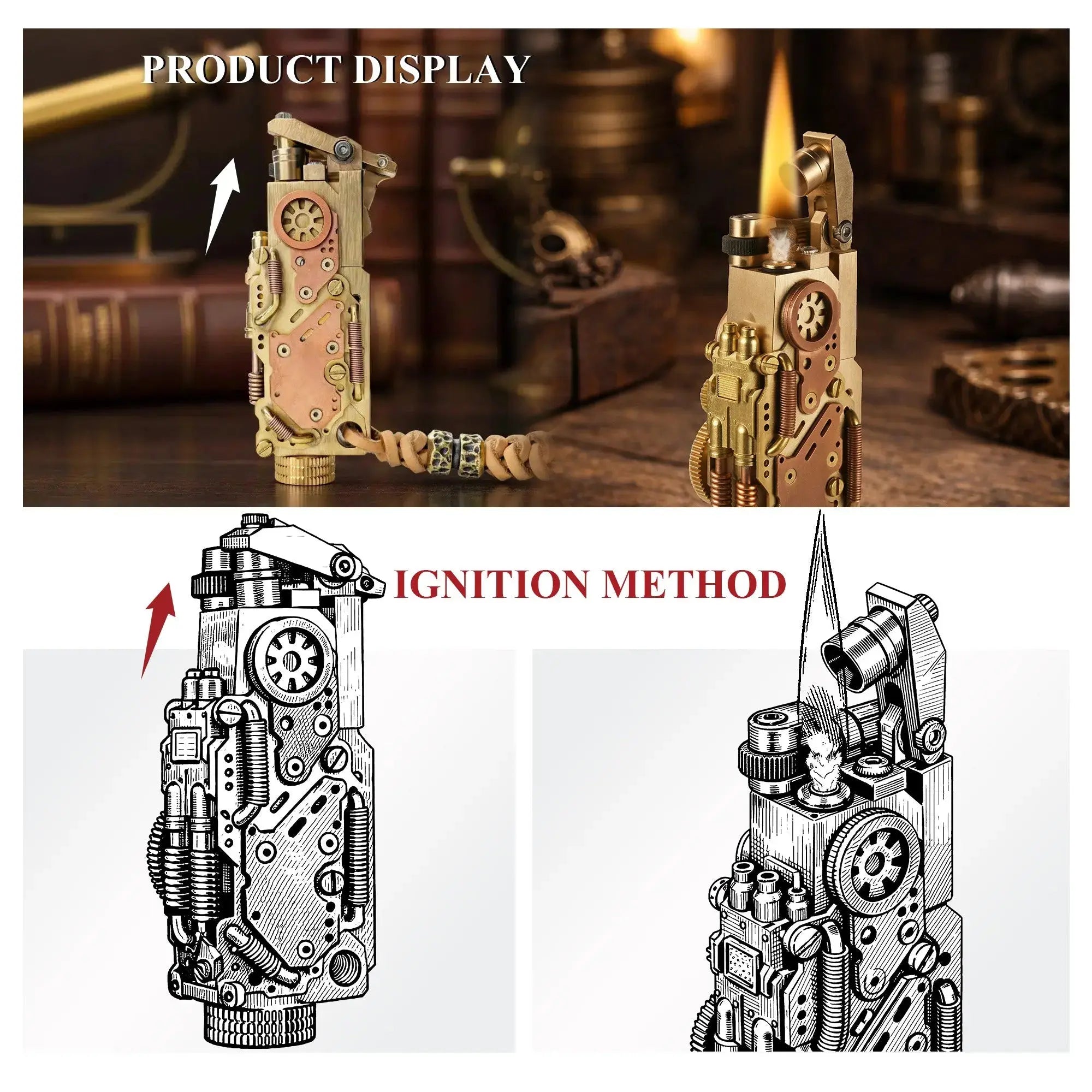 Product display and ignition guide for the Thorens steampunk mechanical grip grand gear lighter in brass finish, showing the closed form, the lighter lit in use, and illustrated views of the opening and ignition method