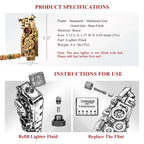 Product specifications and use guide for the Thorens steampunk mechanical grip grand gear lighter in brass finish, showing dimensions, brass construction, lighter fluid refill instructions, and flint replacement steps