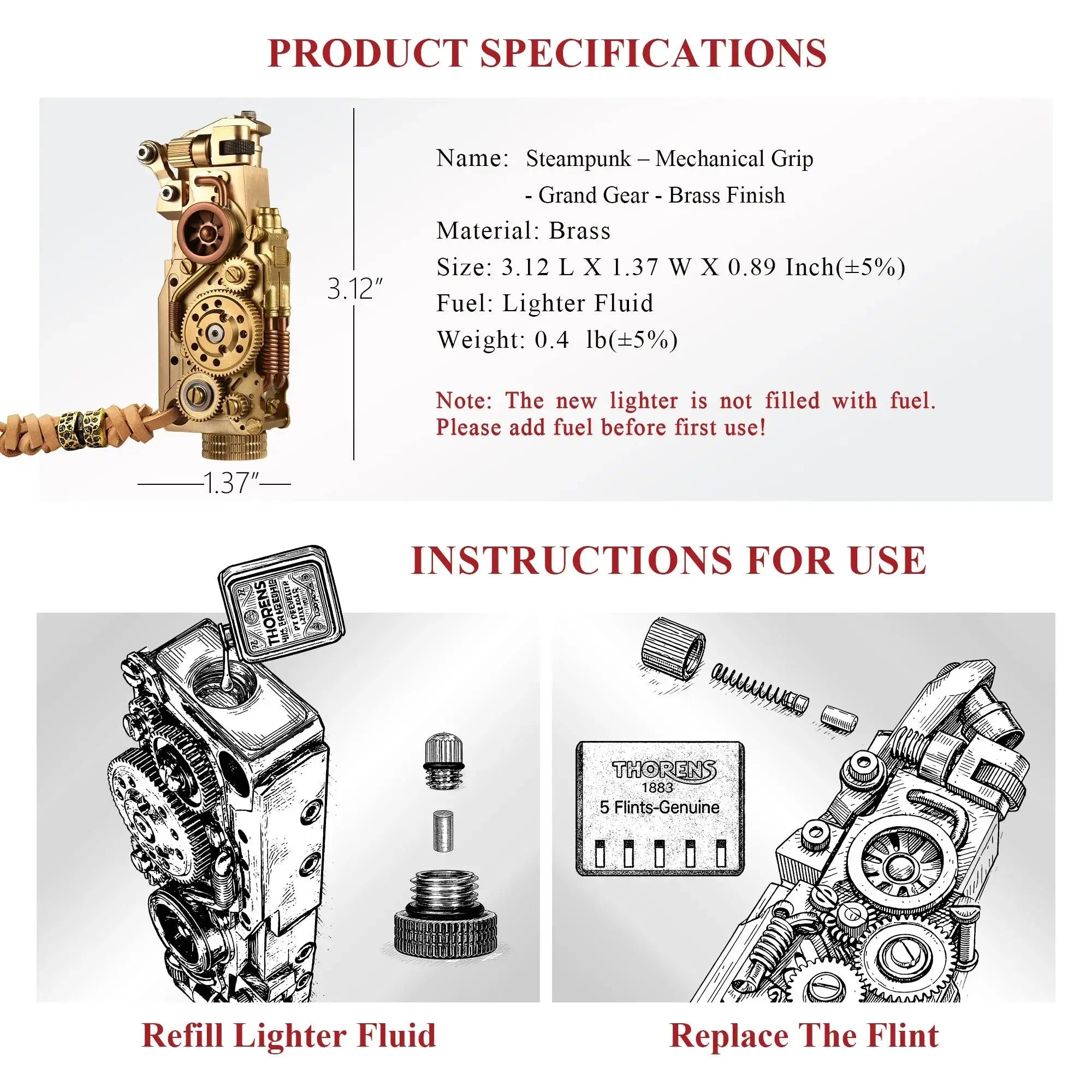 Product specifications and use guide for the Thorens steampunk mechanical grip grand gear lighter in brass finish, showing dimensions, brass construction, lighter fluid refill instructions, and flint replacement steps