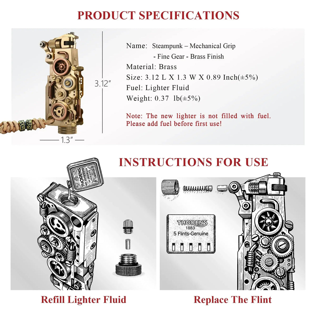 Product specifications and use guide for the Thorens steampunk mechanical grip lighter in brass finish, showing dimensions, brass construction, lighter fluid refill instructions, and flint replacement steps
