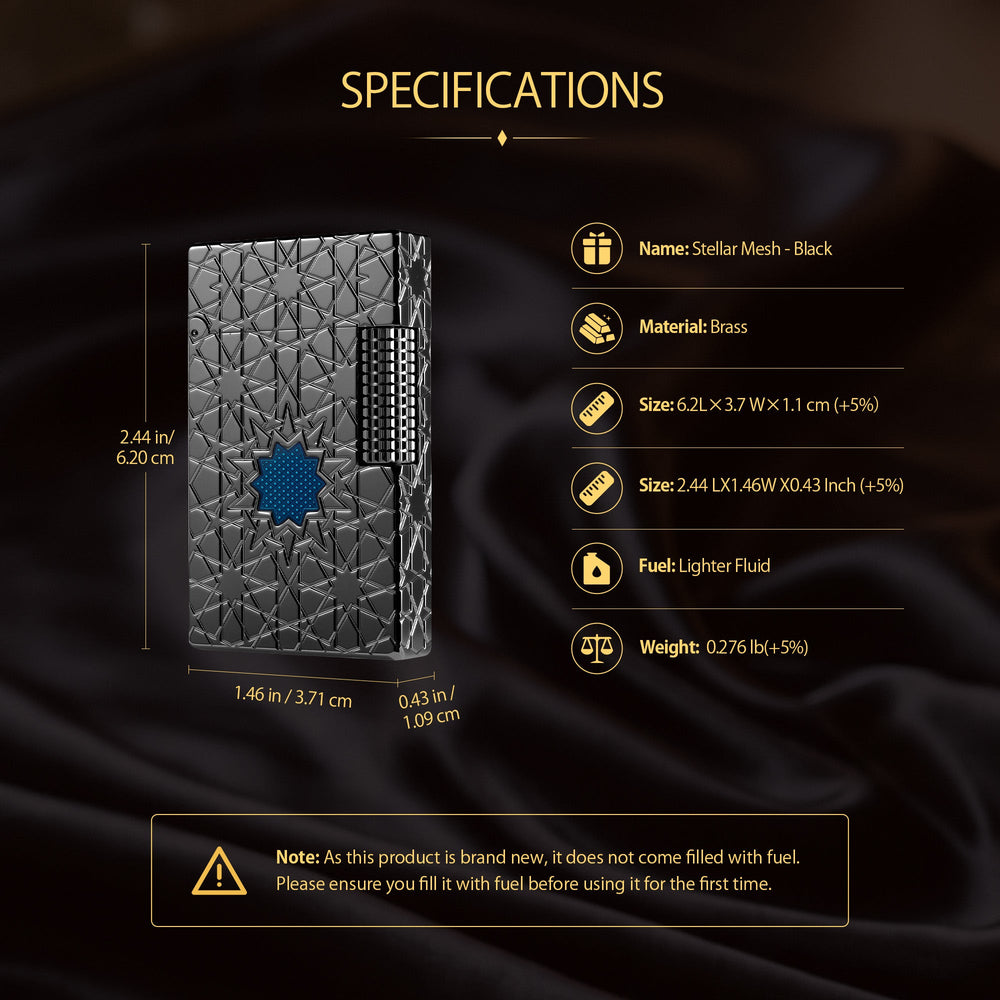 A technical illustration showing the internal components of the Stellar Mesh Black lighter and a step-by-step guide on the mechanical ignition process.