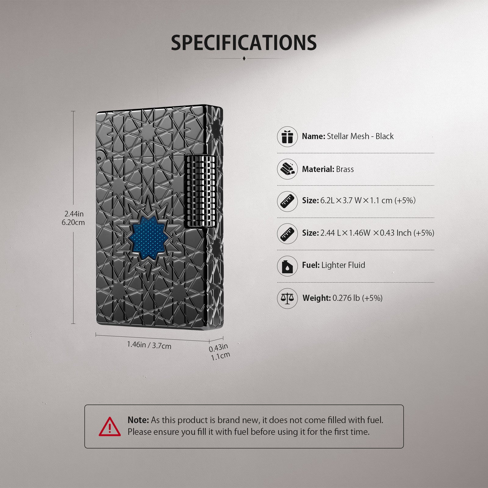 A technical illustration showing the internal components of the Stellar Mesh Black lighter and a step-by-step guide on the mechanical ignition process.
