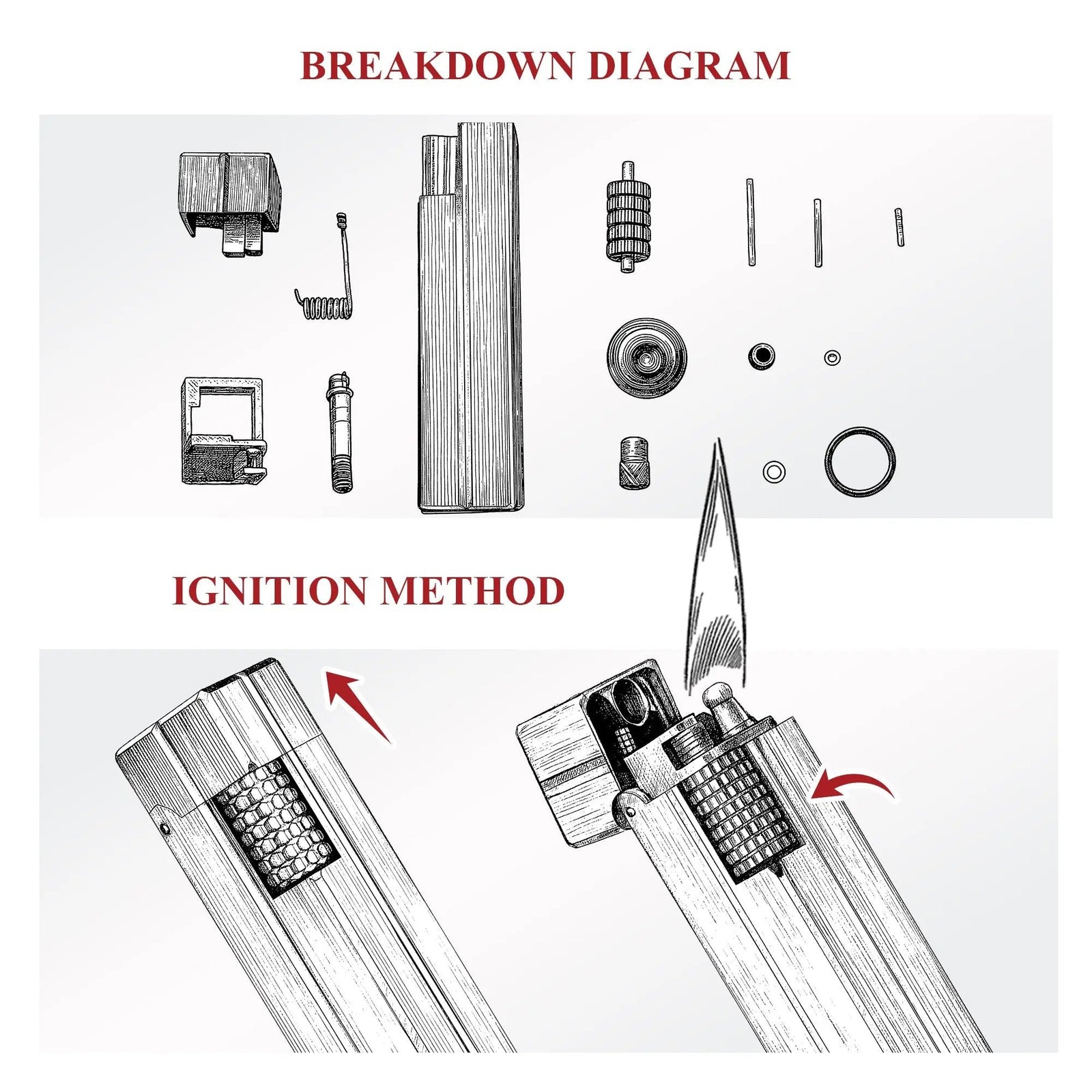 A technical sketch illustrating the internal components and the step-by-step side-slip ignition process for the Star Shine rectangular lighter.