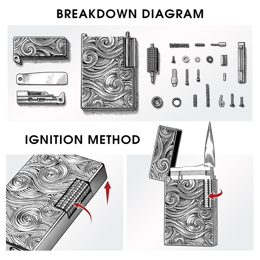 A comprehensive breakdown diagram showing the internal components, precision springs, and screws of the silver Thorens side slip lighter, emphasizing mechanical craftsmanship and repairable heritage design.