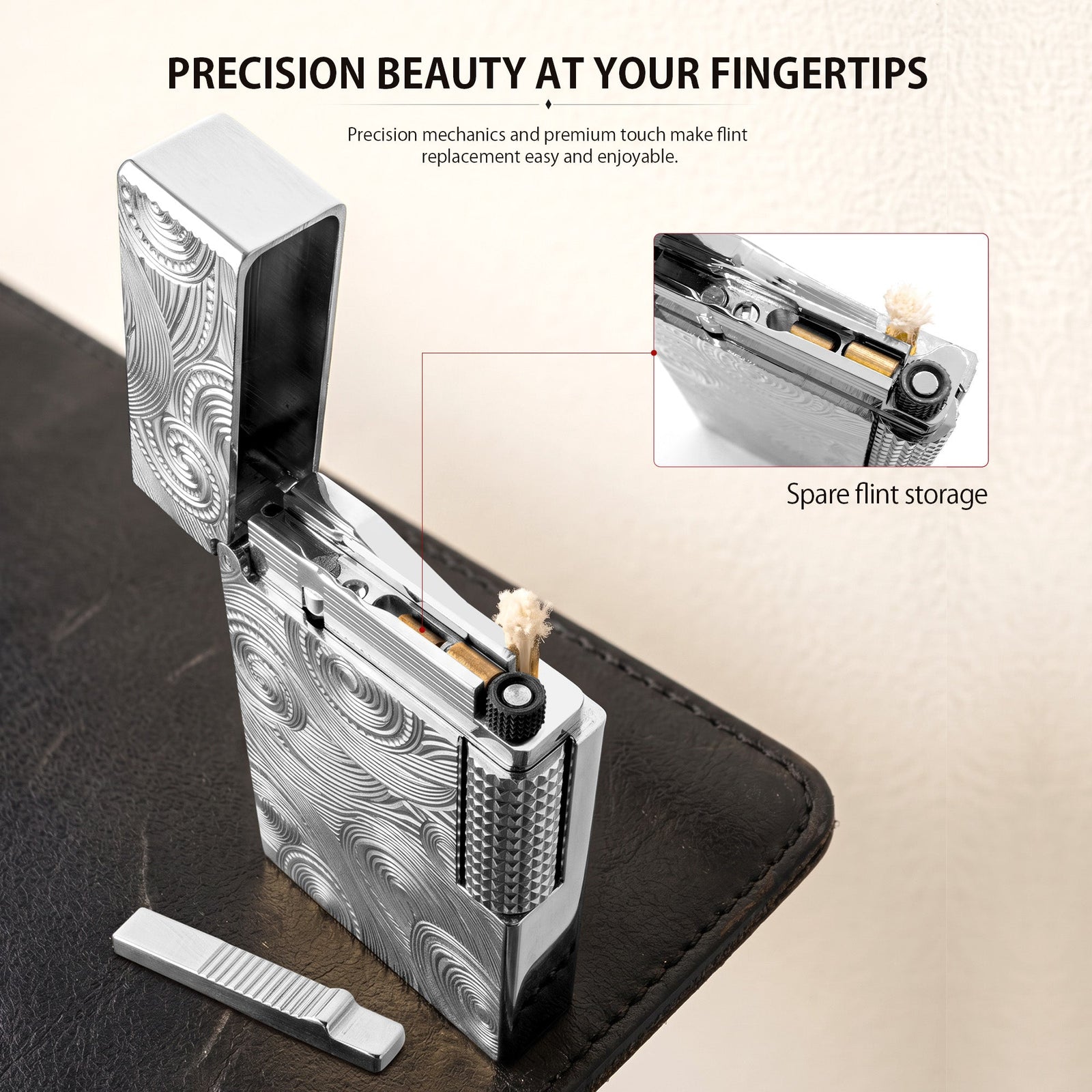 A comprehensive breakdown diagram showing the internal components, precision springs, and screws of the silver Thorens side slip lighter, emphasizing mechanical craftsmanship and repairable heritage design.