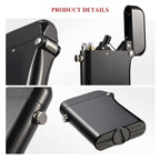 A collage of the Gen 4 Double Claw lighter highlighting the Thorens engraved hinge, side ignition button, and bottom fill cap with patent markings.