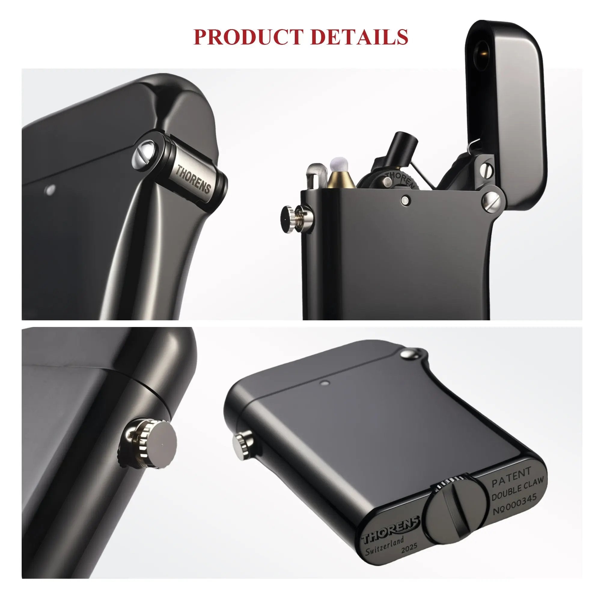 A collage of the Gen 4 Double Claw lighter highlighting the Thorens engraved hinge, side ignition button, and bottom fill cap with patent markings.