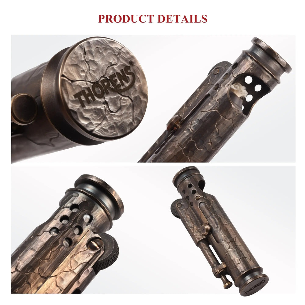 A detailed collage of the Battle Soul trench lighter showing the Thorens engraved base, hand-carved crack textures, and the ventilated windproof sleeve.