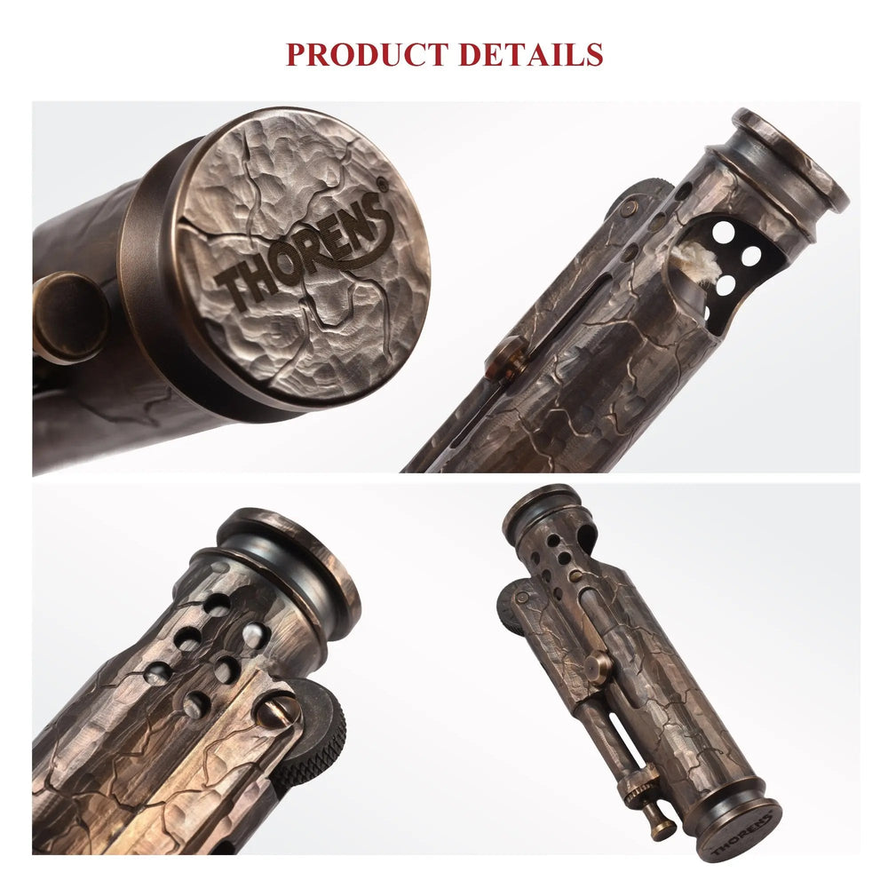 A detailed collage of the Battle Soul trench lighter showing the Thorens engraved base, hand-carved crack textures, and the ventilated windproof sleeve.