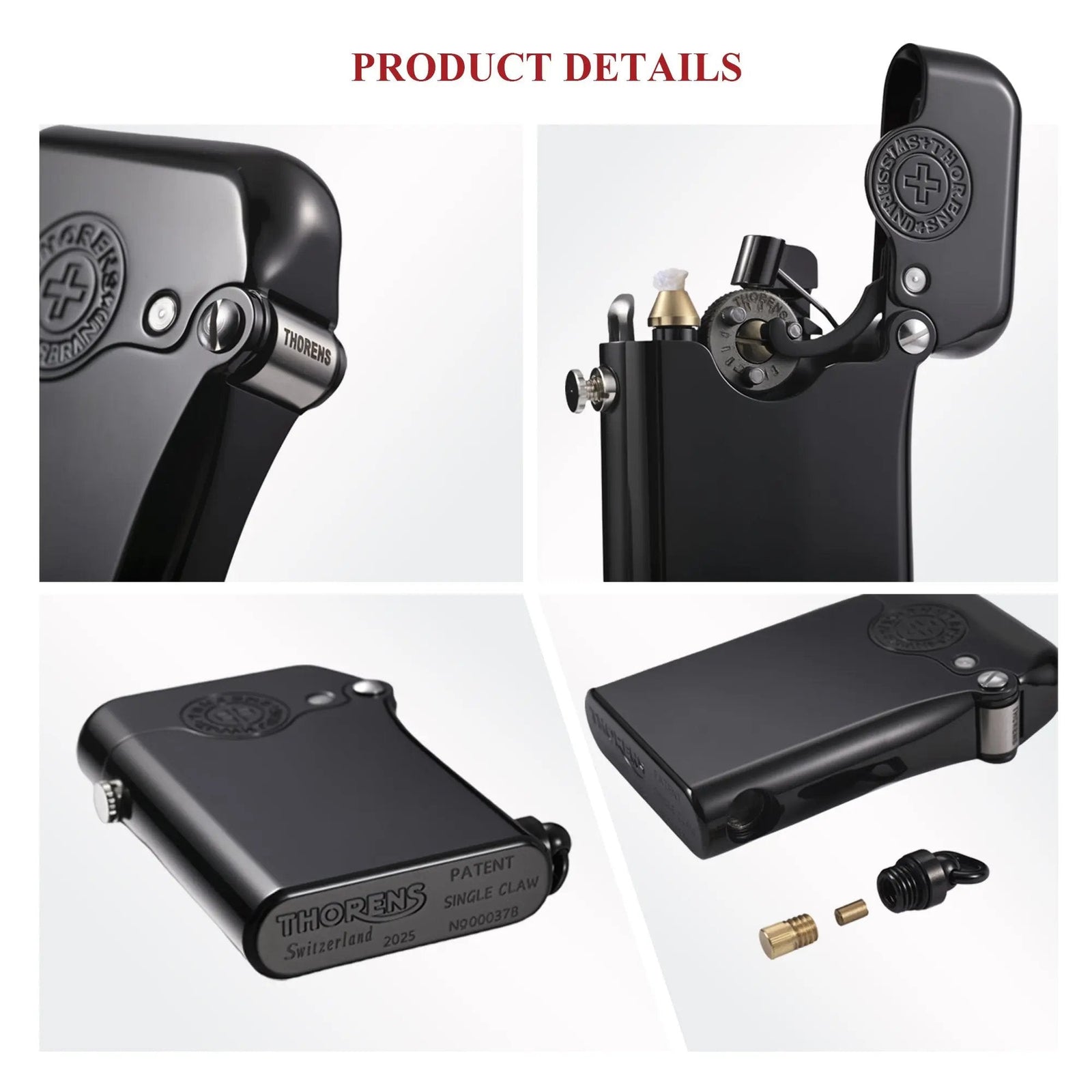 Four detailed views of the Gen 1 Single Claw lighter, showcasing the embossed brand emblem, the mechanical claw ignition, and the patent-engraved base.