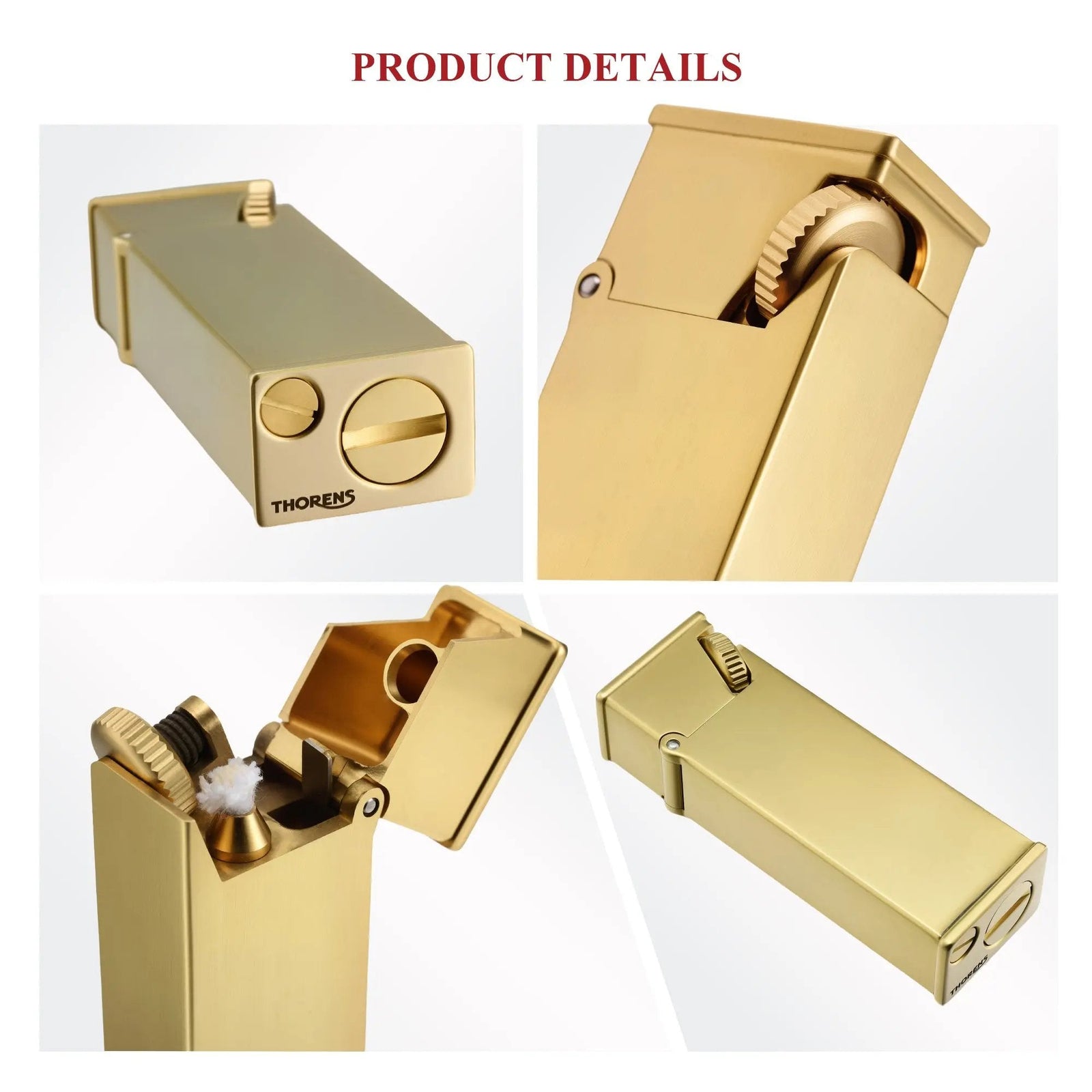 Four detailed macro views of the brushed brass Long Fellow lighter, showcasing the Thorens engraved base, the inclined ignition wheel, and the open flip-top cap mechanism.