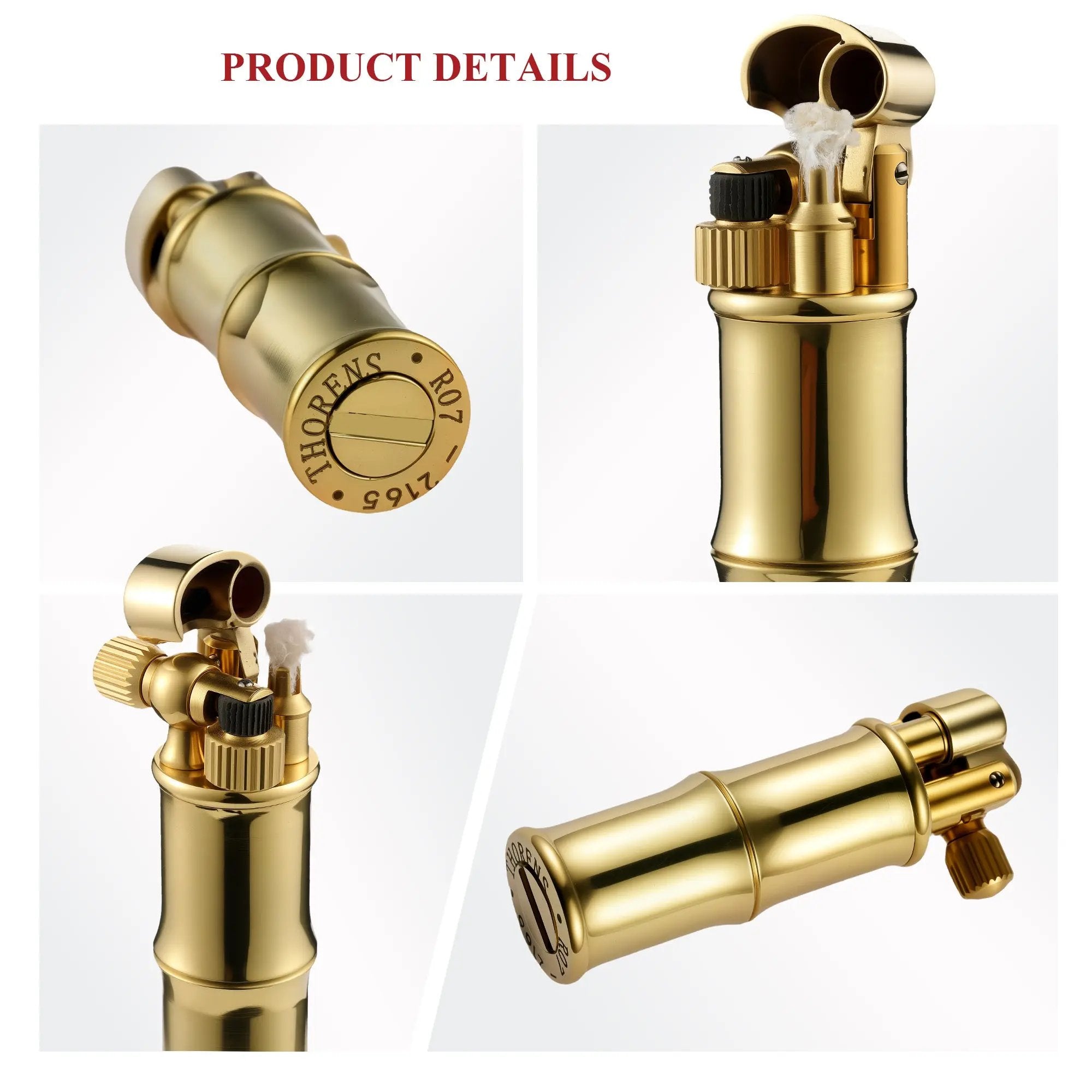 Four detailed views of a polished brass Mini Bamboo lighter, showcasing the engraved base, mechanical ignition components, and bamboo-joint body structure.