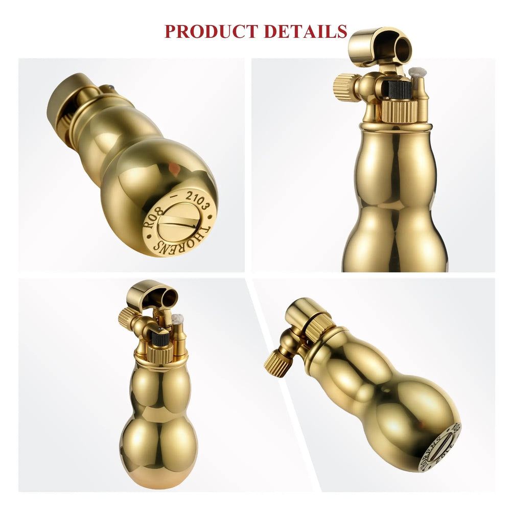Four macro views of a polished brass Mini Gourd lighter, showcasing the Thorens engraved base, mechanical flip-top cap, and smooth curved body structure.