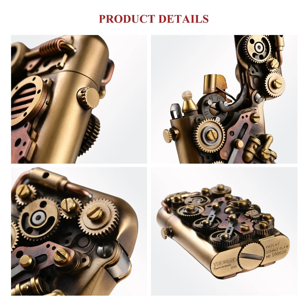 Detailed views of the brass Steampunk-Twin Torque bottom-fill lighter, showing the ignition wick, gear mechanism, and engraved bottom patent markings.