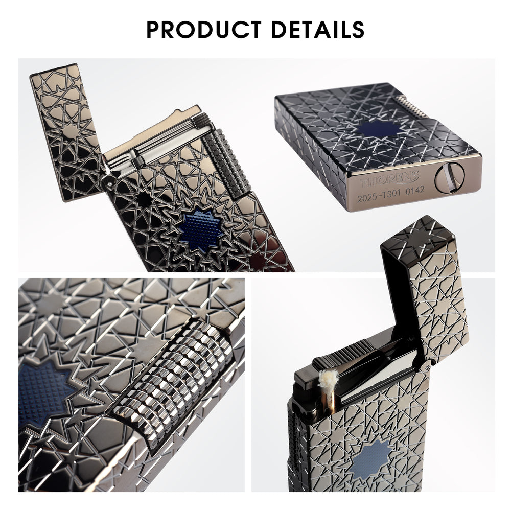 Detailed views of the Thorens Stellar Mesh Black lighter showcasing the textured flint wheel, engraved bottom hallmark, and blue mesh star inlay.