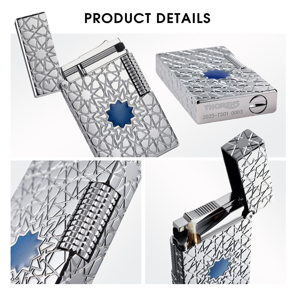 Detailed views of the Thorens Stellar Mesh Silver lighter, showcasing the precision-cut flint wheel, bottom hallmark engraving, and the vibrant blue mesh star inlay against a silver body.