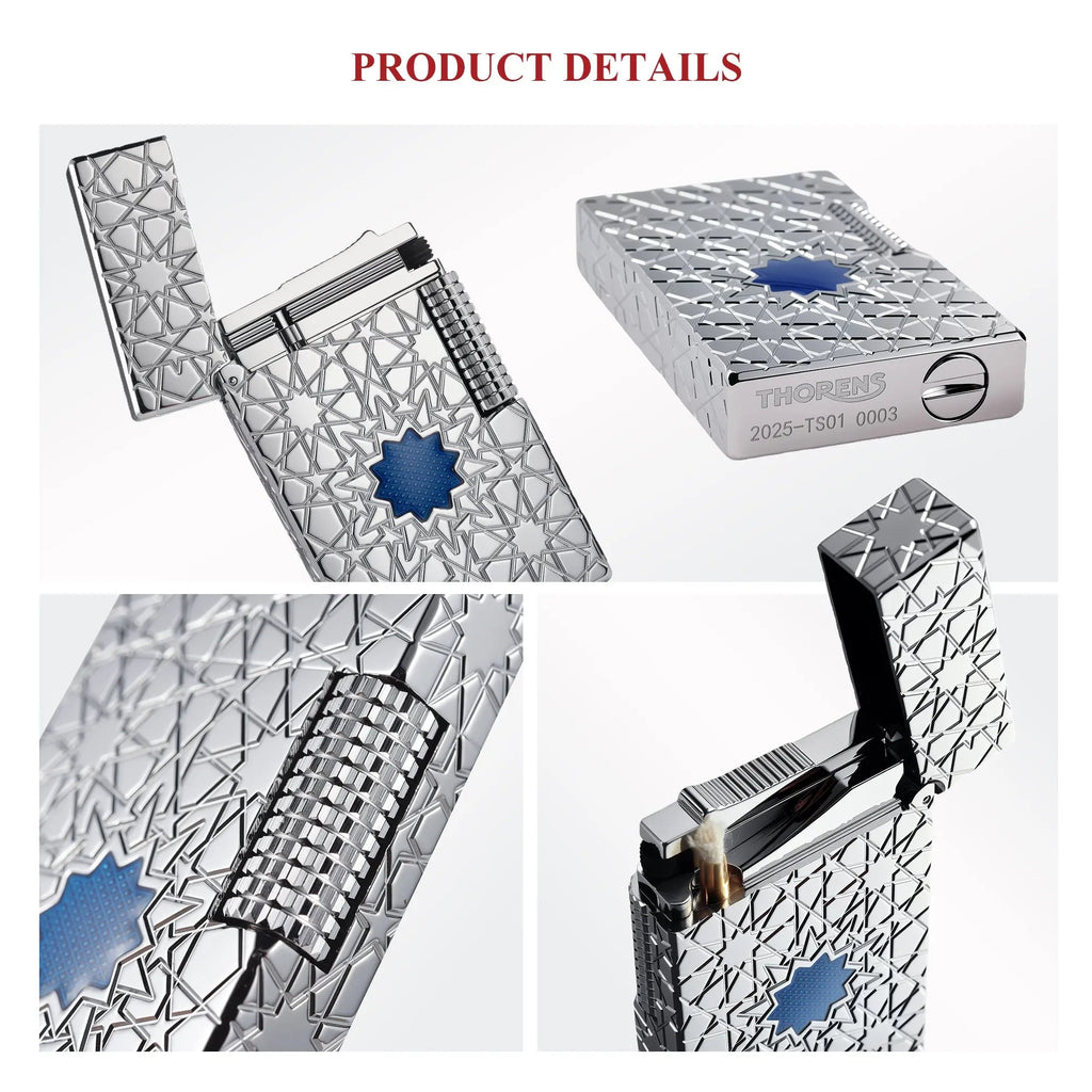 Detailed views of the Thorens Stellar Mesh Silver lighter, showcasing the precision-cut flint wheel, bottom hallmark engraving, and the vibrant blue mesh star inlay against a silver body.