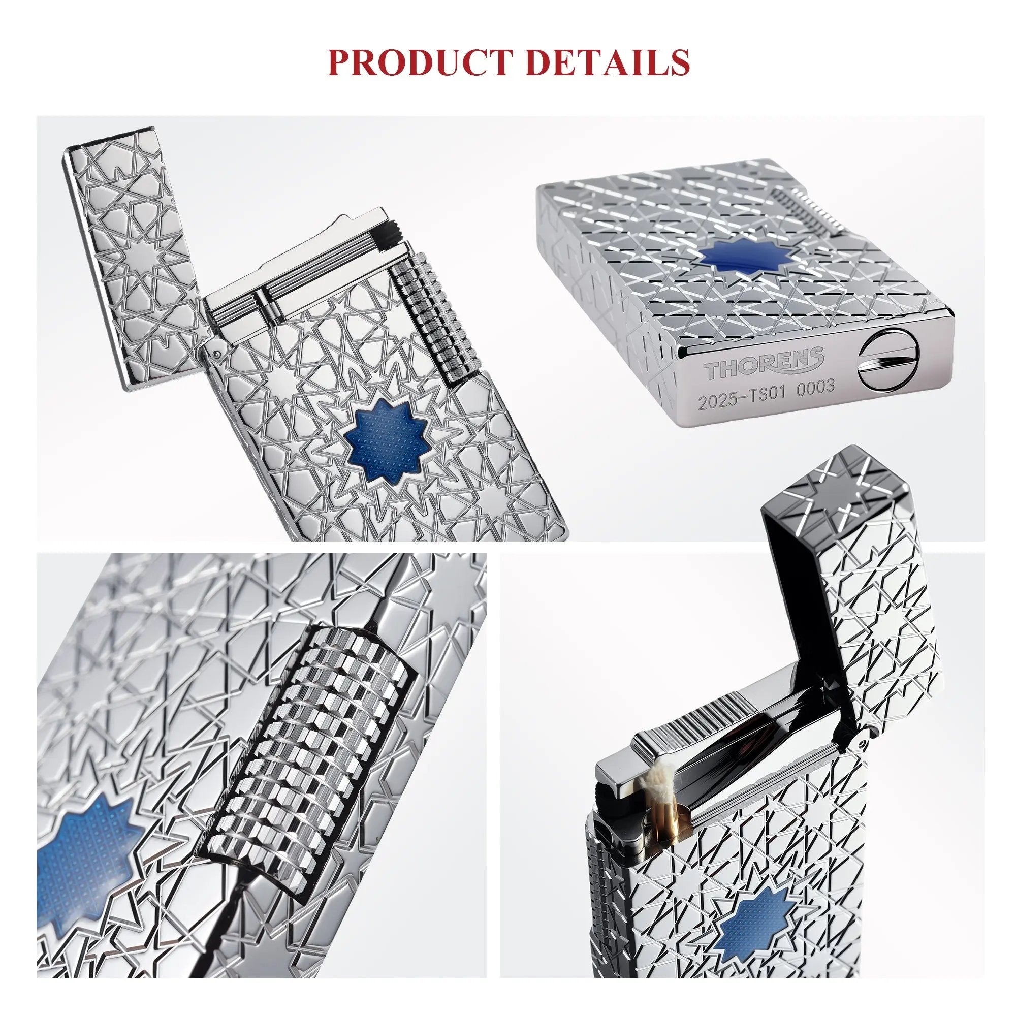 Detailed views of the Thorens Stellar Mesh Silver lighter, showcasing the precision-cut flint wheel, bottom hallmark engraving, and the vibrant blue mesh star inlay against a silver body.
