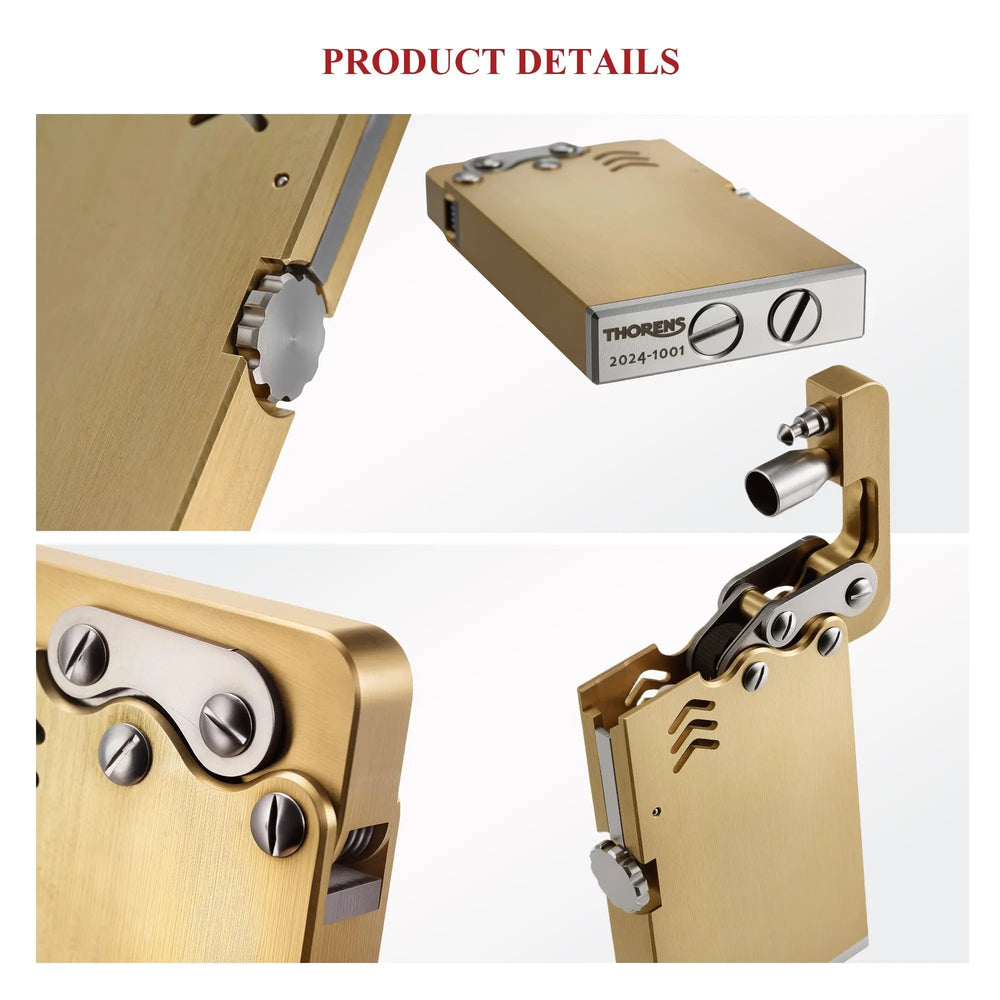 Macro views of the Thorens Thin Ejection lighter showing the side ignition wheel, bottom serial number, and the unique ejection mechanism.