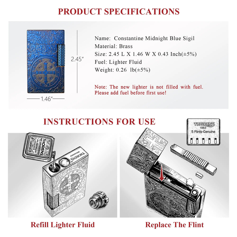 Product specifications and maintenance guide for the Constantine Midnight Blue Sigil, featuring brass dimensions and fluid refill and flint replacement steps.