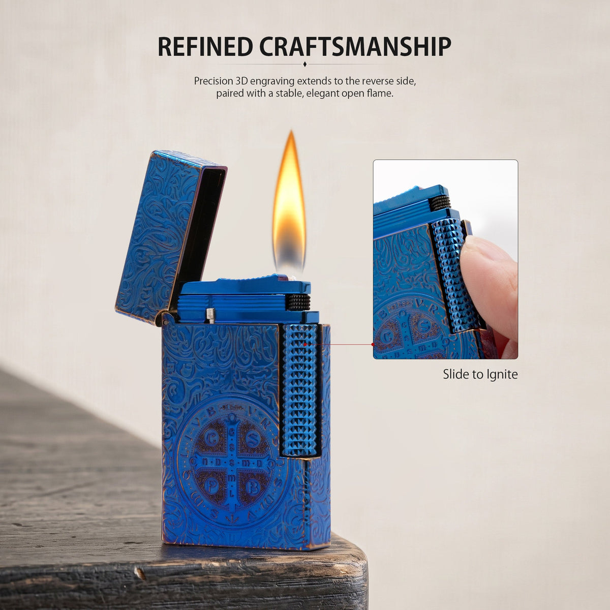 Product specifications and maintenance guide for the Constantine Midnight Blue Sigil, featuring brass dimensions and fluid refill and flint replacement steps.