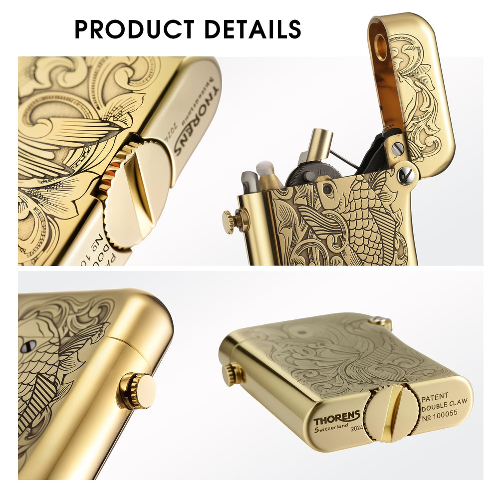 Product detail collage of a brass Thorens Gen 4 lighter, showing the double claw mechanism, koi engraving, and patent bottom stamps.