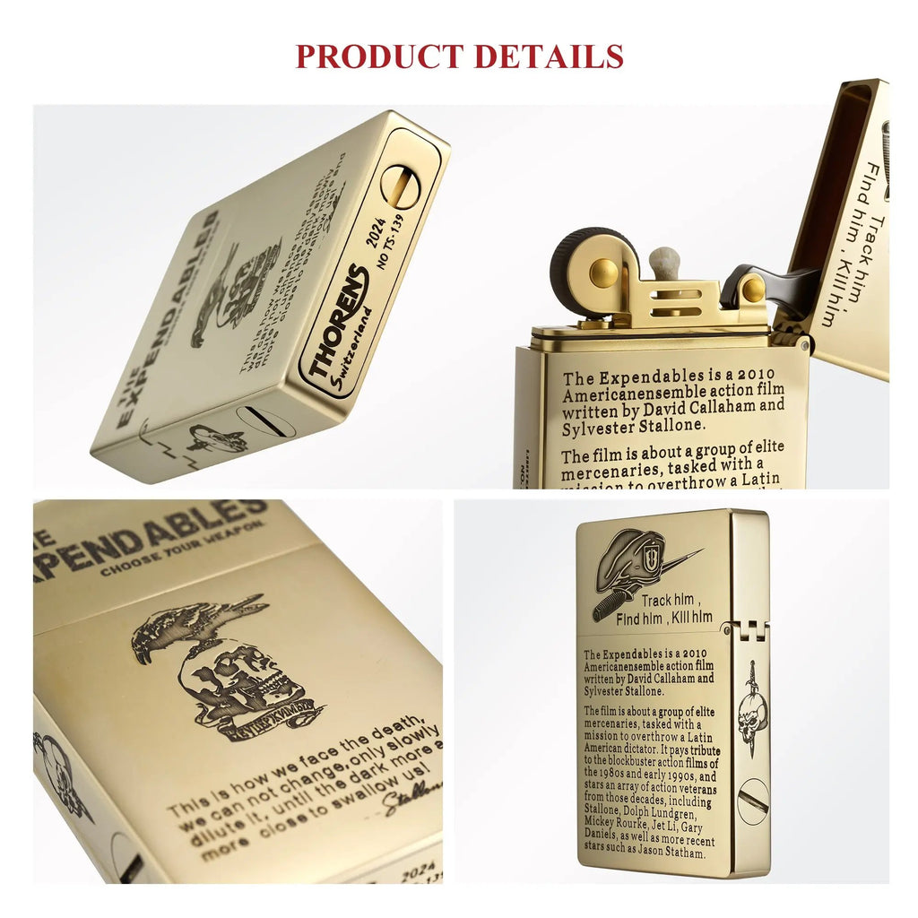 Close-up views of Thorens lighter showing the bottom patent marks, inner lid movie quotes, and detailed film history etching on the brass case.