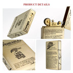 Close-up views of Thorens lighter showing the bottom patent marks, inner lid movie quotes, and detailed film history etching on the brass case.