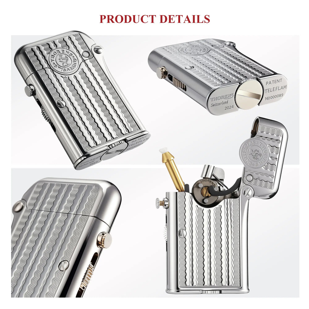 A series of macro shots highlighting the silver Gen 7 TELEFLAM lighter’s water ripple engraving, mechanical single claw ignition, and the engraved patent base.