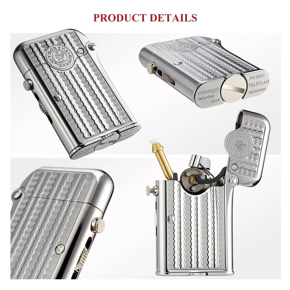 A series of macro shots highlighting the silver Gen 7 TELEFLAM lighter’s water ripple engraving, mechanical single claw ignition, and the engraved patent base.