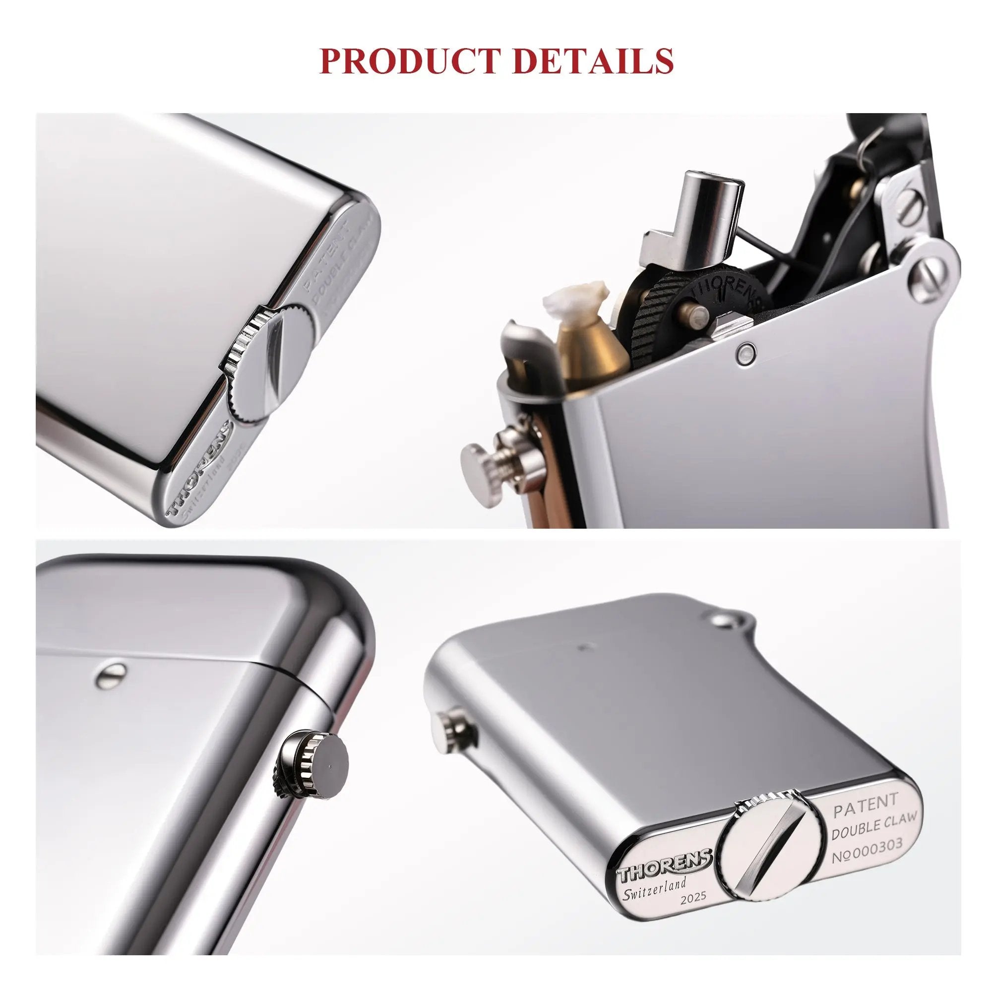 Close-up views of the glossy silver Thorens Gen 4 double claw lighter, showcasing the engraved bottom-fill screw, flint wheel, and internal brass components.